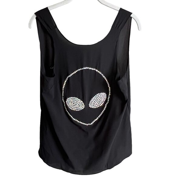 Chandelier Rhinestone Crystal Alien Face Tank Top Womens Medium Blouse Black NWT - Picture 1 of 6